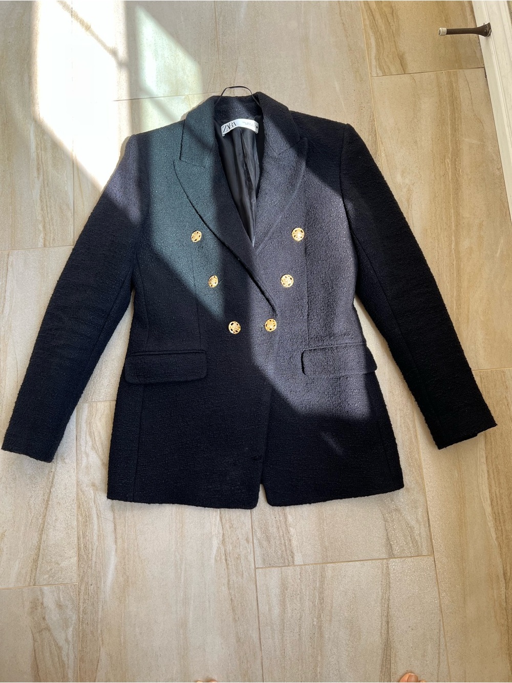 Zara Black Double-Breasted Tweed Blazer Coat with Gold Buttons